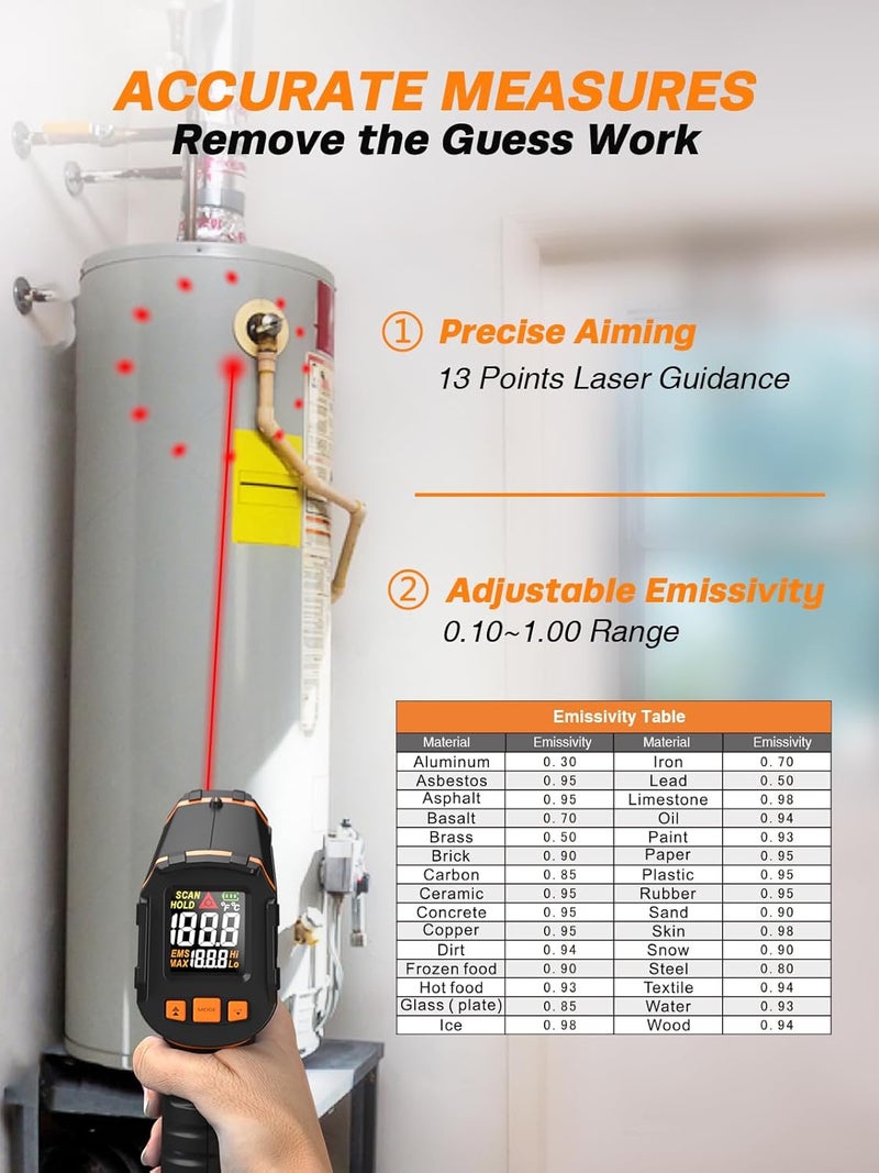 Mecurate Infrared Thermometer Gun -58°F to 1112°F, Laser Temperature Gun with Adjustable Emissivity, Max/Min/Hold for Cooking, BBQ, Freezer, Industrial Use​,with Long Probe Meat Thermometer - Image 2